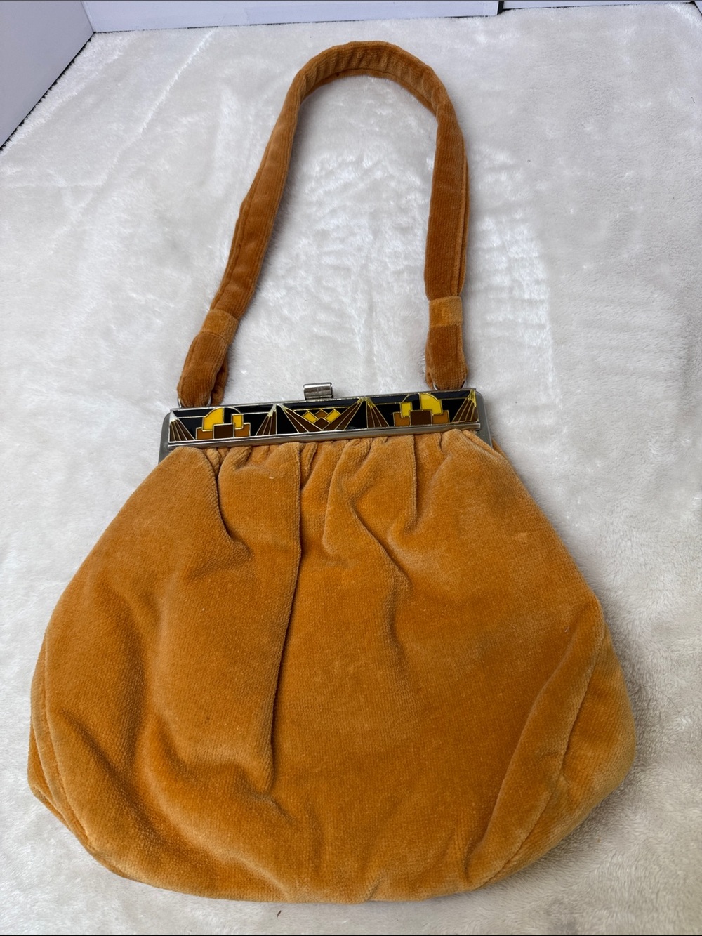 👑Vintage velour enamel inlay Carpetbags of America clutch shoulder bag mustard